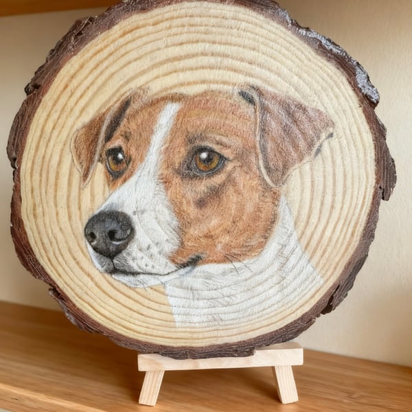 Hand Drawn Jack Russell Terrier on Natural Wood Slice