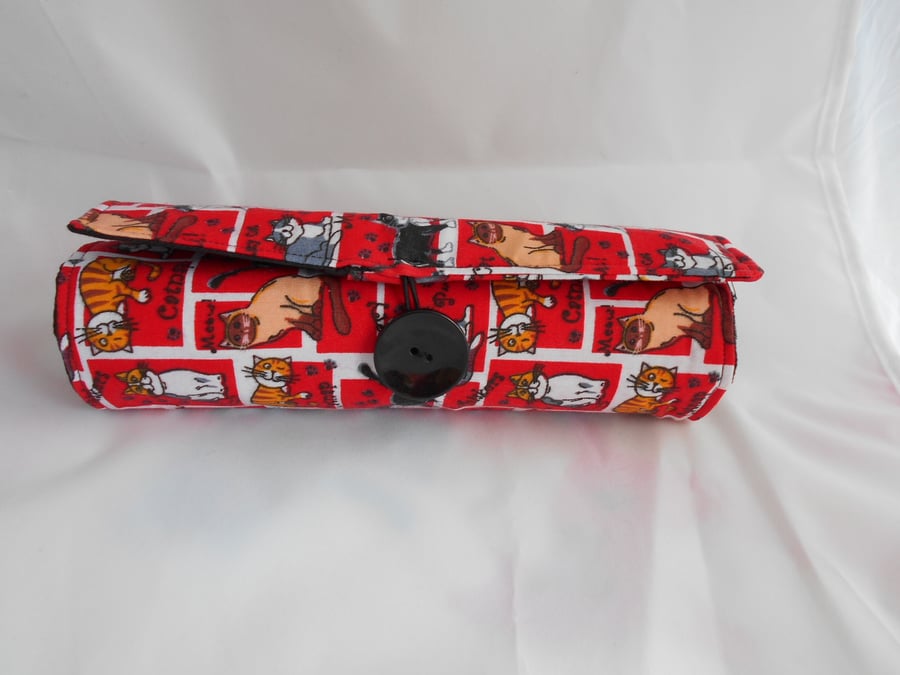 Roll up PENCIL case - Cute CAT fabric - Red background