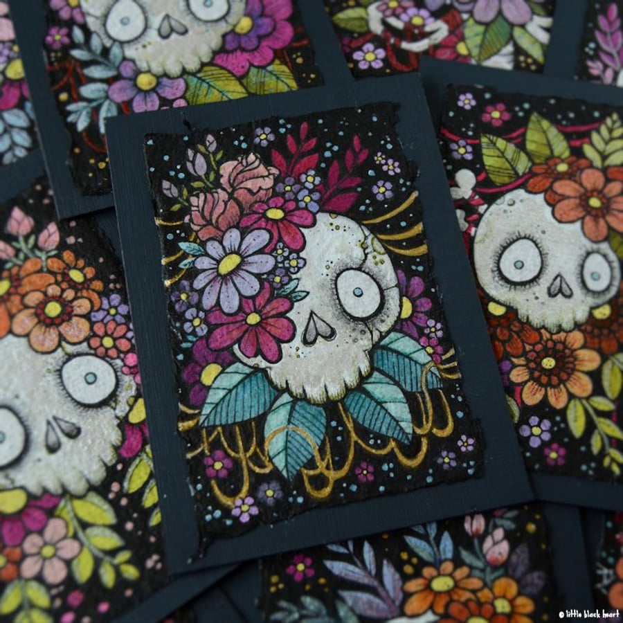 bony botanical skull - original aceo