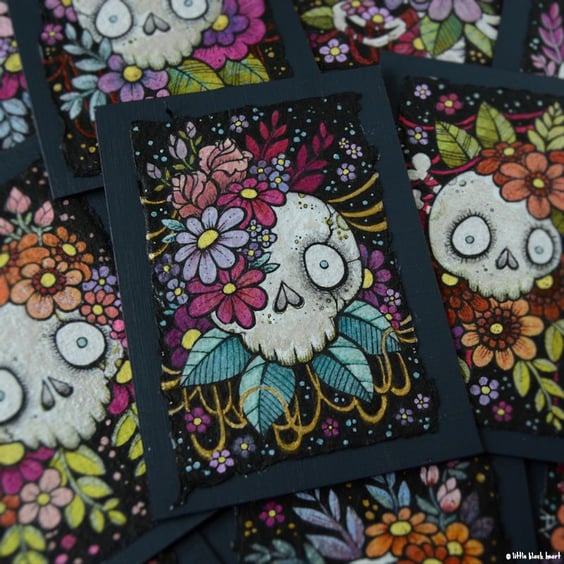 bony botanical skull - original aceo