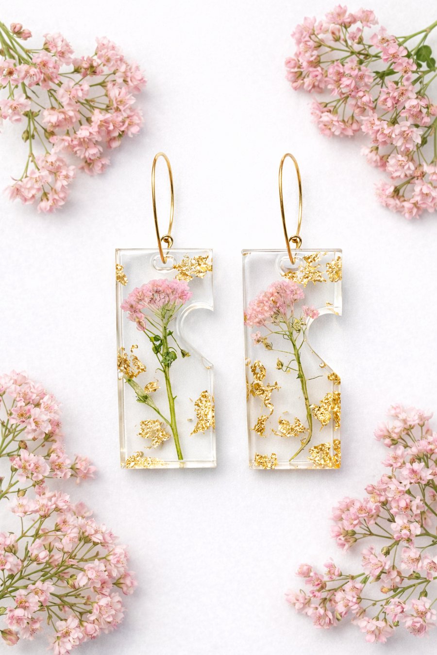 Large Pink Stem Flower Resin Earrings with Gold Leaf – Asymmetrical Botanical