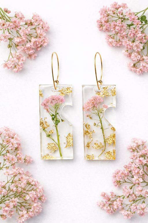 Large Pink Stem Flower Resin Earrings with Gold Leaf – Asymmetrical Botanical