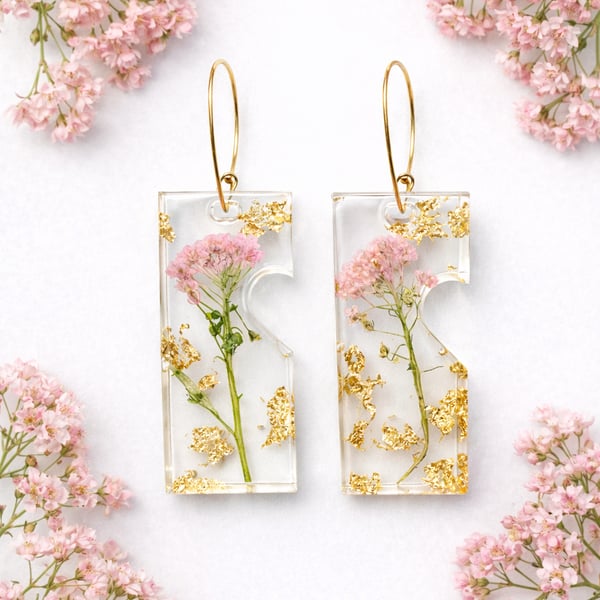 Large Pink Stem Flower Resin Earrings with Gold Leaf – Asymmetrical Botanical