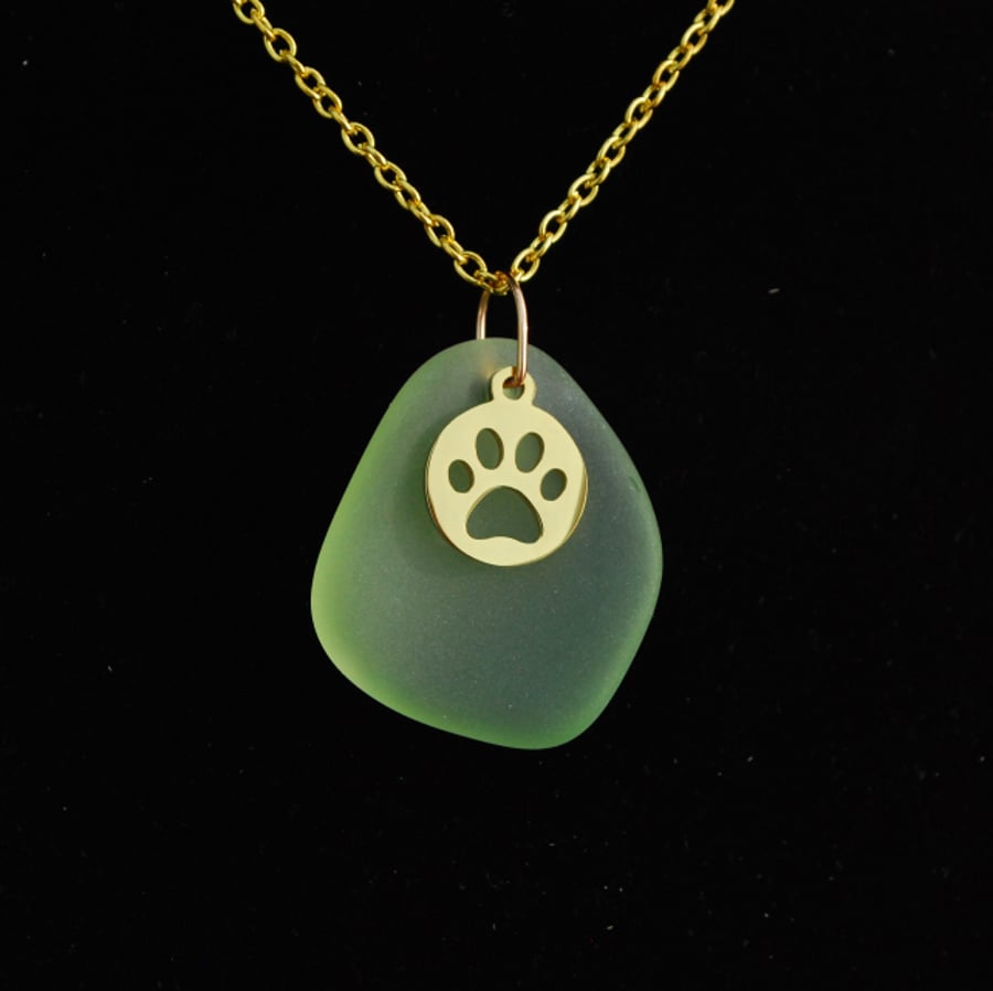 Beach glass pendant with paw print charm