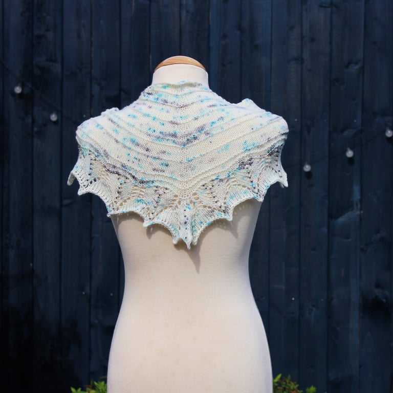 Hand knit beaded lace edged scarf shawl in white, blue & black - design F213