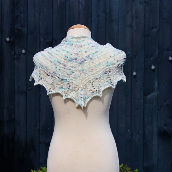 Hand knit beaded lace edged scarf shawl in white, blue & black - design F213