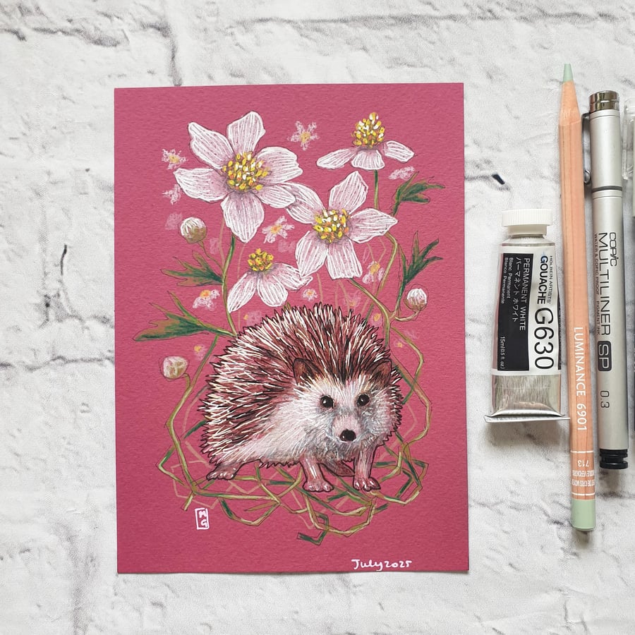 Hedgehog with flowers original artwork, small animal drawing