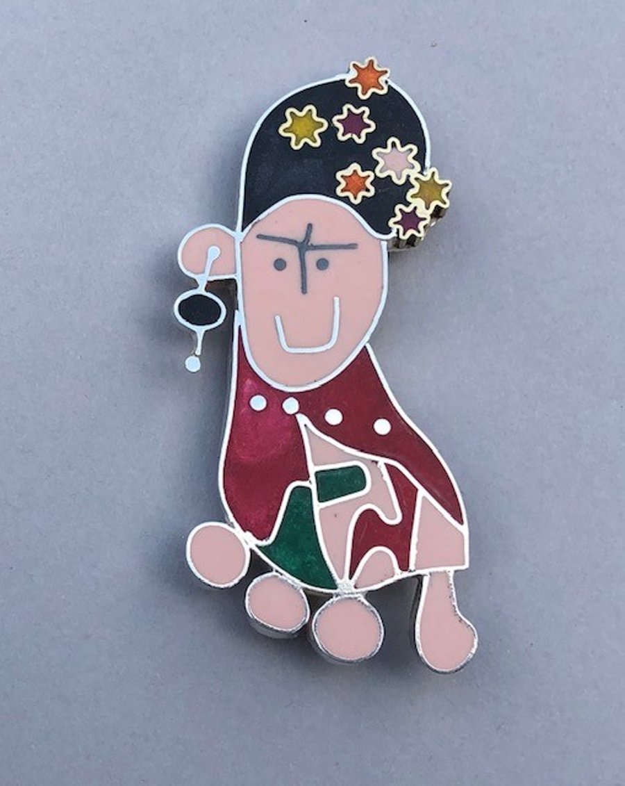 Frida Kahlo brooch from a childs drawing in silver and resin.