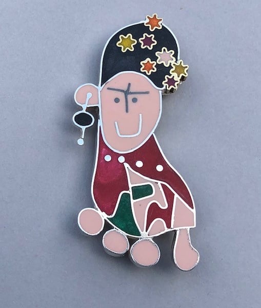 Frida Kahlo brooch from a childs drawing in silver and resin.