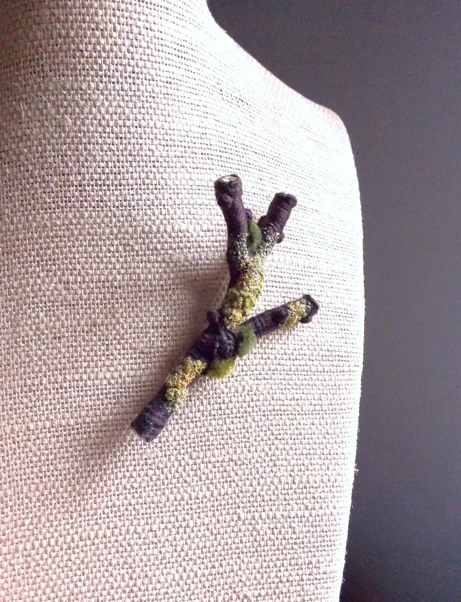 Handmade Twig Stick Pin, Hand Embroidered with Moss & Lichen, Nature Inspired