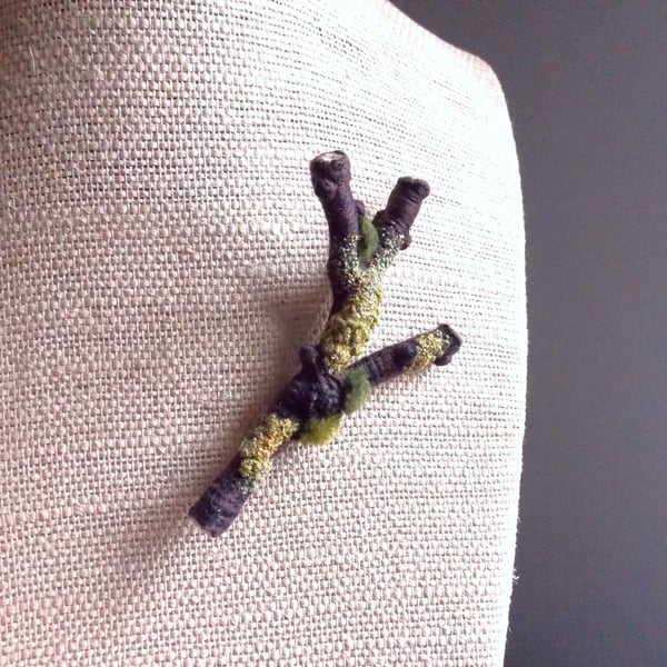Handmade Twig Stick Pin, Hand Embroidered with Moss & Lichen, Nature Inspired