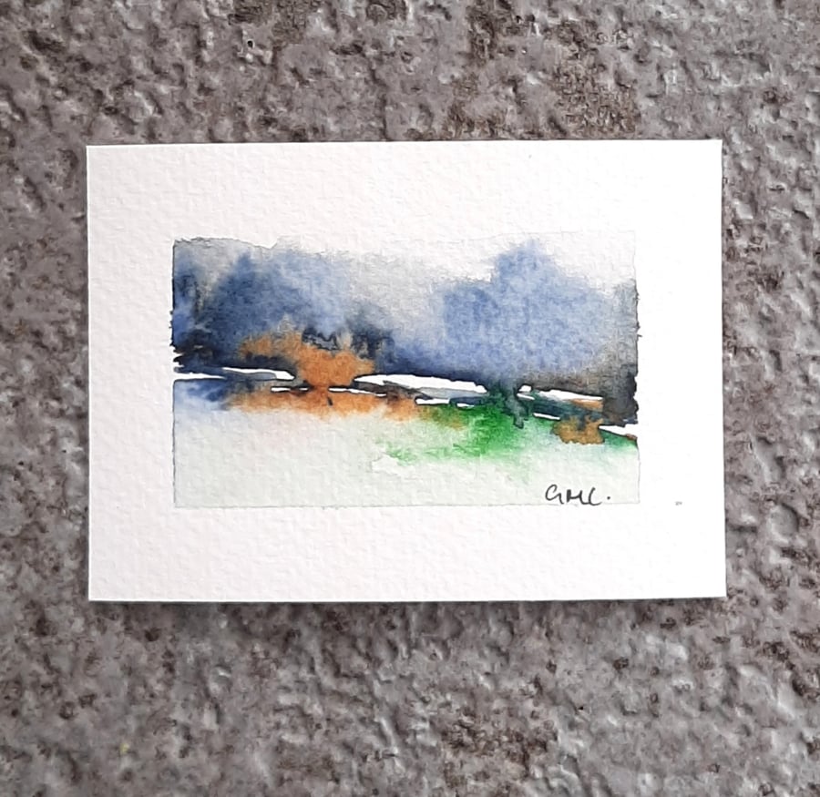 Abstract Trees And Lake Handpainted ACEO. Original Watercolour Painting