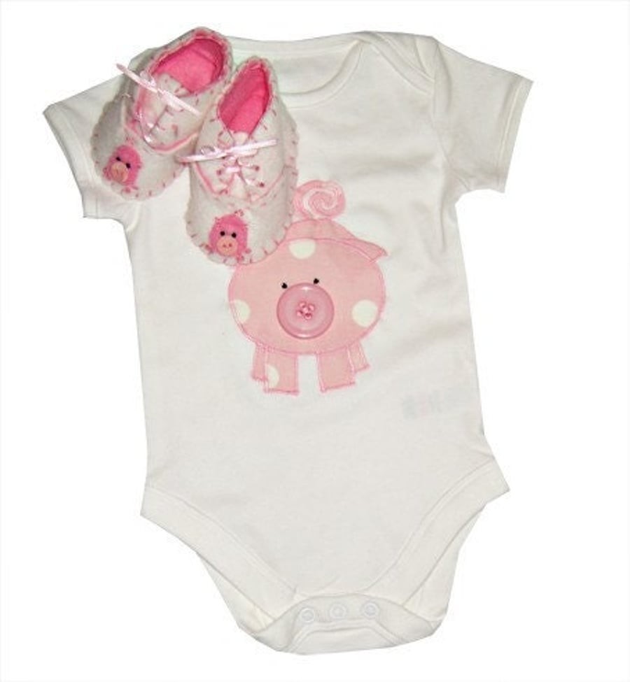 Pig Bodysuit and Baby Shoe Gift Set, Baby Girl Gift, Gift for Baby