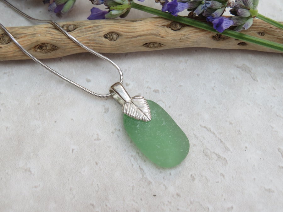 Mint Green Sea Glass Necklace Sterling Silver Leaf Bail
