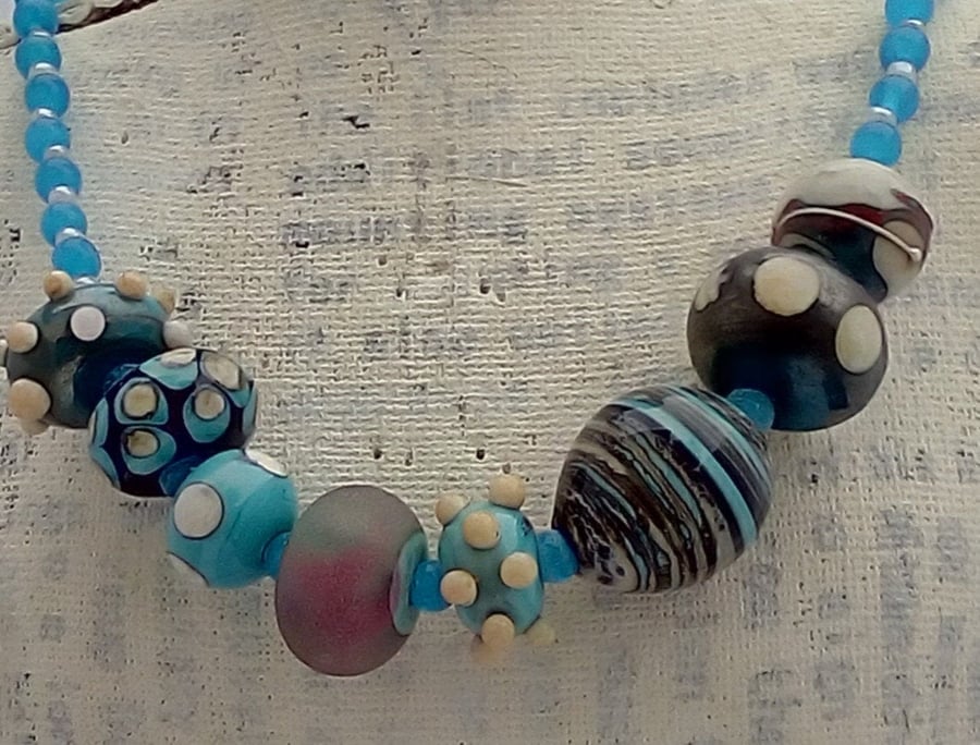Blue, Ivory and Turquoise Handmade Glass Bead Necklace - Allergy free,
