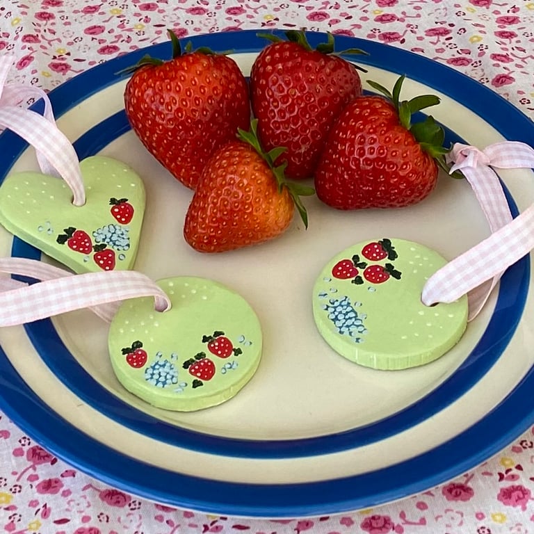 Summer Fruits, Strawberry - hand painted hanging decorations (set of 3)