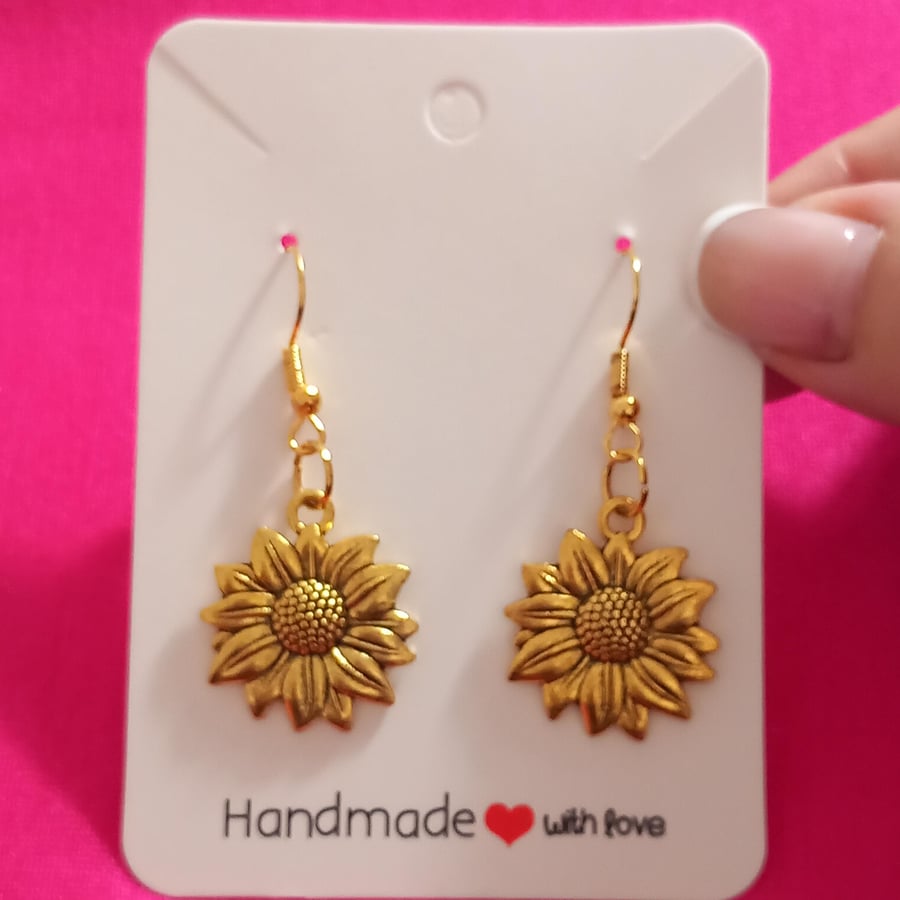 Sunflower earrings,Nature jewellery,Flower drop earring Gold dangle earrings