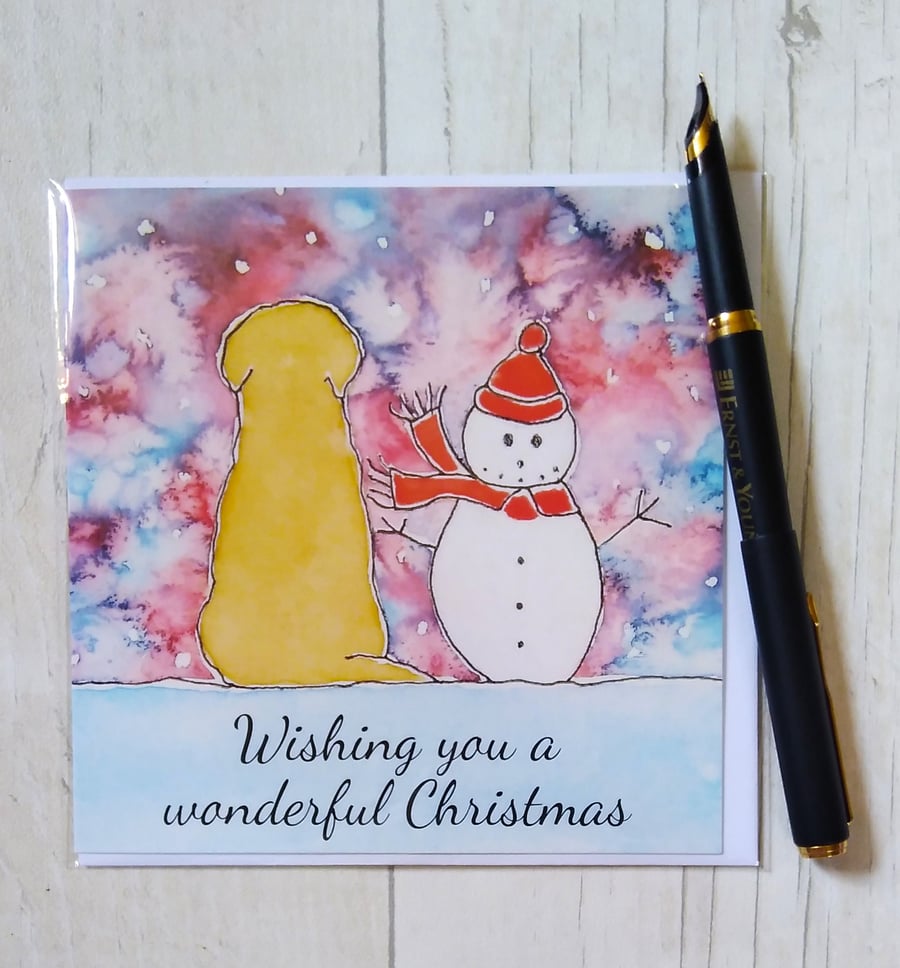 Golden Retriever Christmas card (printed card).Christmas card. Snowman card.