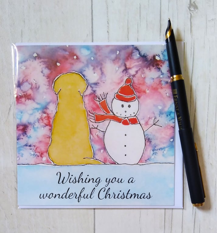 Golden Retriever Christmas card (printed card).Christmas card. Snowman card.