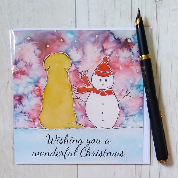 Golden Retriever Christmas card (printed card).Christmas card. Snowman card.