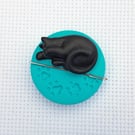 Black Cat Needle Minder with Blue Base. For cross stitching, embroidery