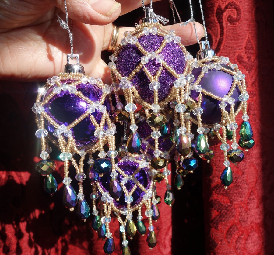 Purple Beaded Victorian Style Christmas Tree Baubles Decorations Ornaments