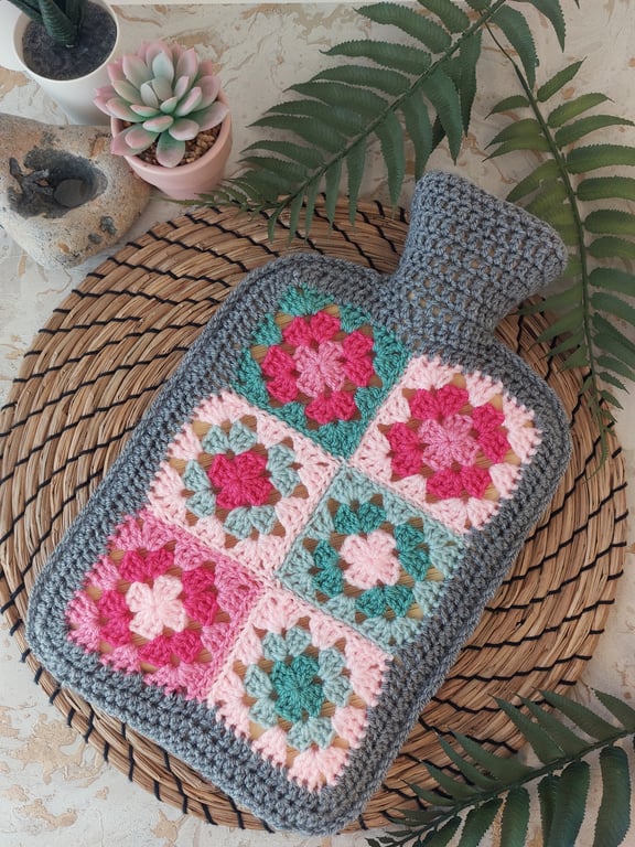  Crochet Hot Water Bottle Cover Patchwork Pink Sage Green & Silver Grey