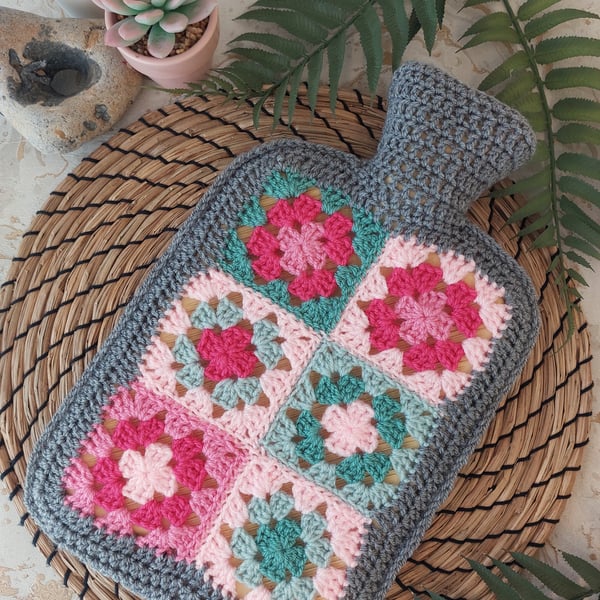  Crochet Hot Water Bottle Cover Patchwork Pink Sage Green & Silver Grey