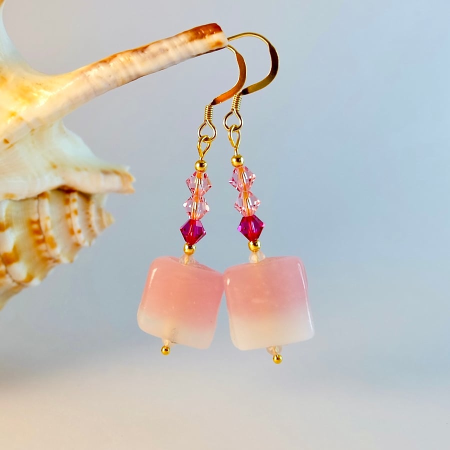 Pink Murano Glass & Crystal Earrings - Birthday, Anniversary, Gifts For Her