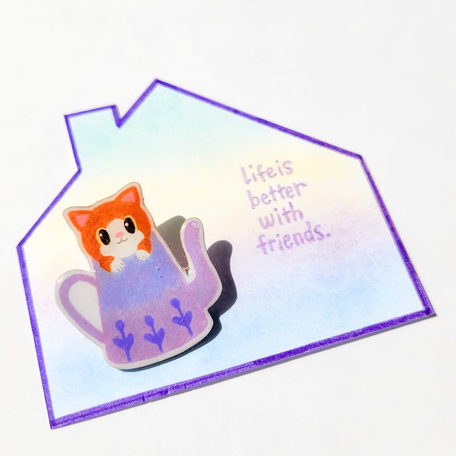 Hand-painted Shrink Plastic Brooch with hand-coloured card