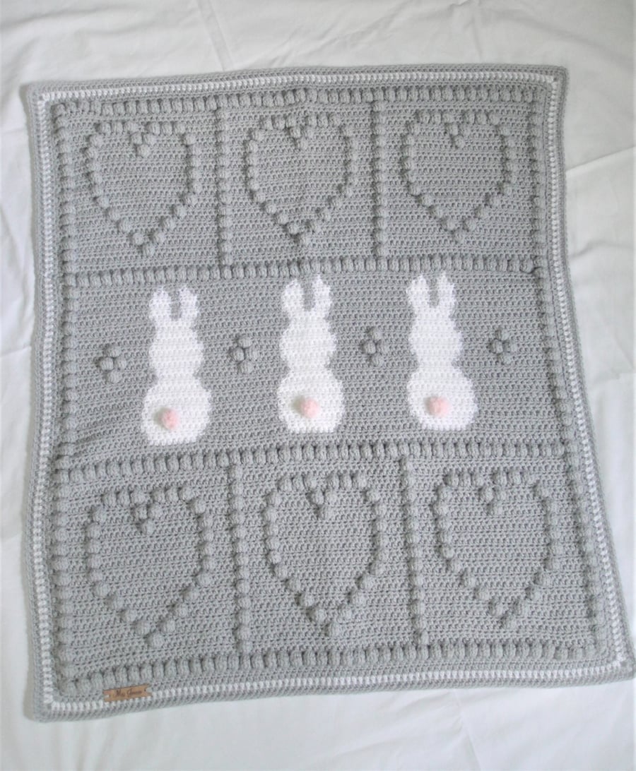 Crochet Bunny and Heart Baby Blanket, Grey blanket, Pink blanket