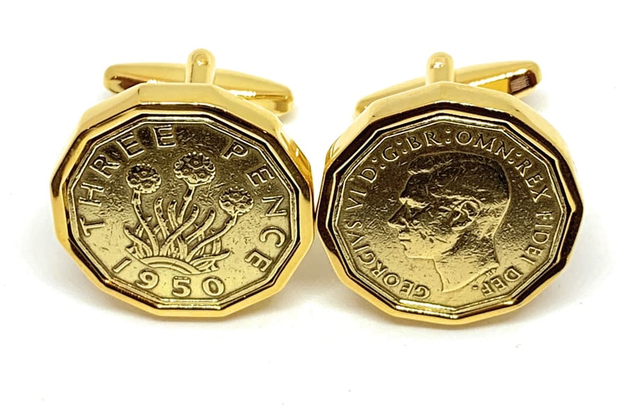 1950 Threepence Coin Cufflinks Mens 74th Birthday Gift  Present Anniversary