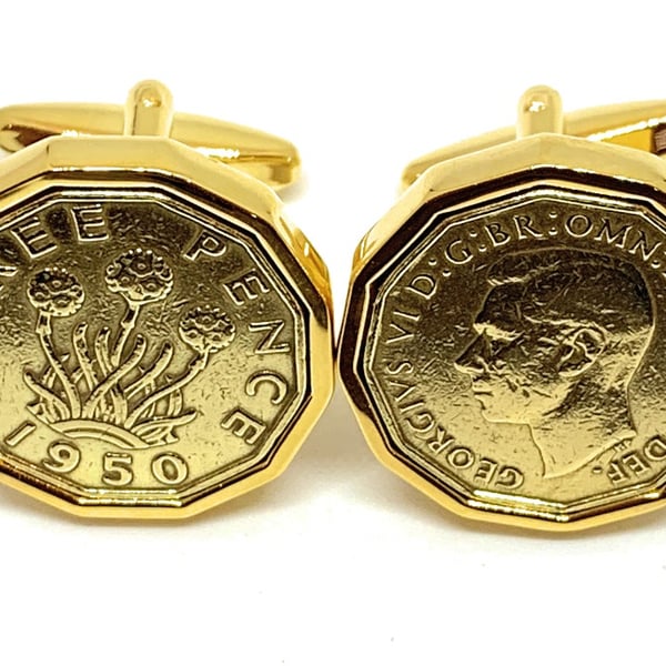 thumbnail interactive-video image 1 of Brass Threepence Coin Cufflinks – Choose The Year, Heads & Tails, Birthday Gift For Men 1 of 2