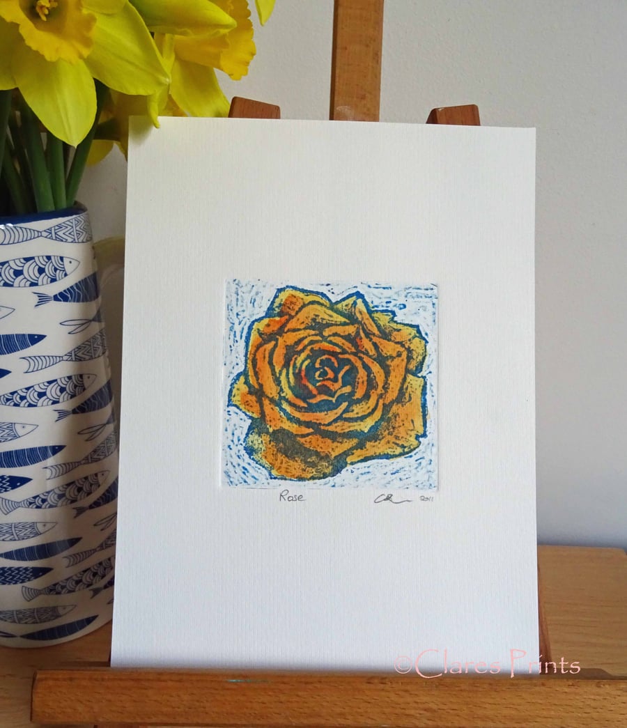 Yellow Blue Rose Art Original Print Collagraph Printmaking Floral