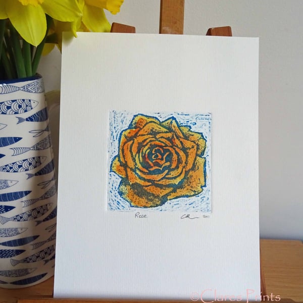 Yellow Blue Rose Art Original Print Collagraph Printmaking Floral