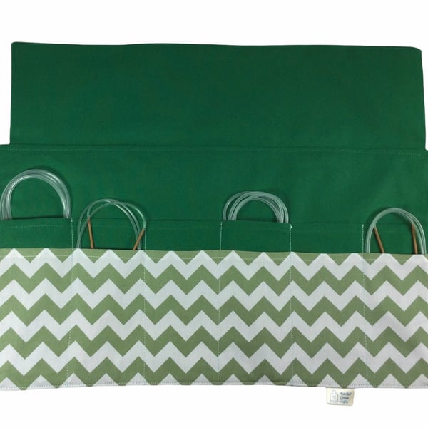 Circular needle case, green chevron pouch, fixed needle wallet, sock needles, kn