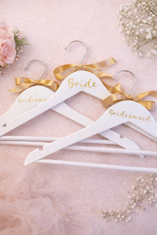 Two Bridesmaids & Bride Wooden Hangers with Gold Ribbon – Set of 3
