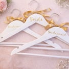 Two Bridesmaids & Bride Wooden Hangers with Gold Ribbon – Set of 3