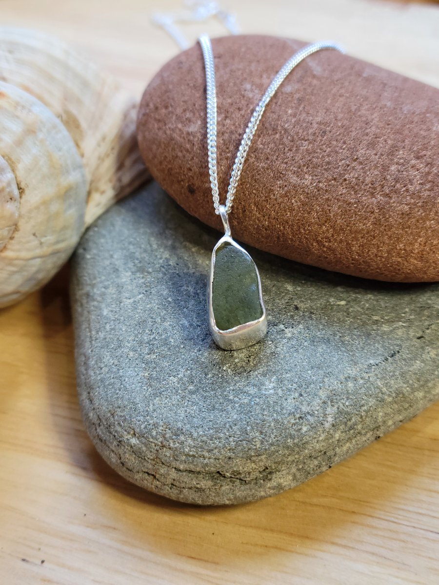 Mossy Green Sea Glass and Sterling Silver Pendant 