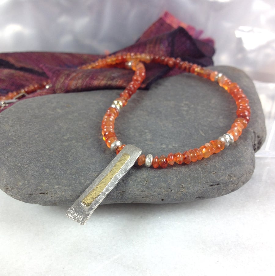 Carnelian ,silver and 18ct gold necklace