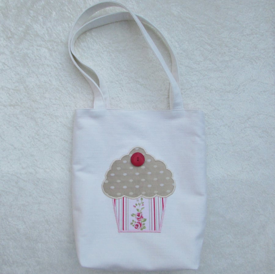 Cupcake tote bag in cream with gold, pink and red cupcake
