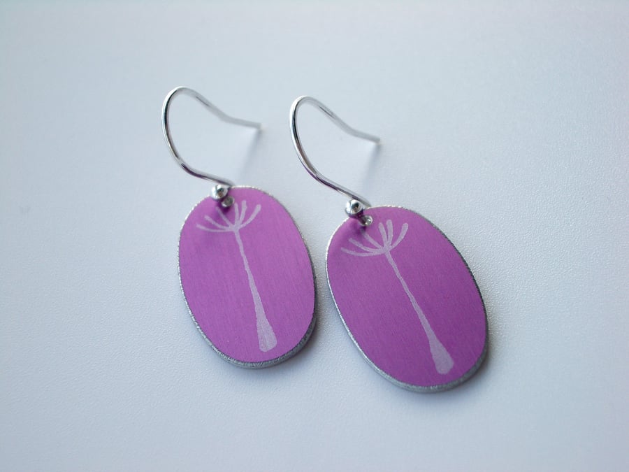Purple single dandelion seed print oval earrings