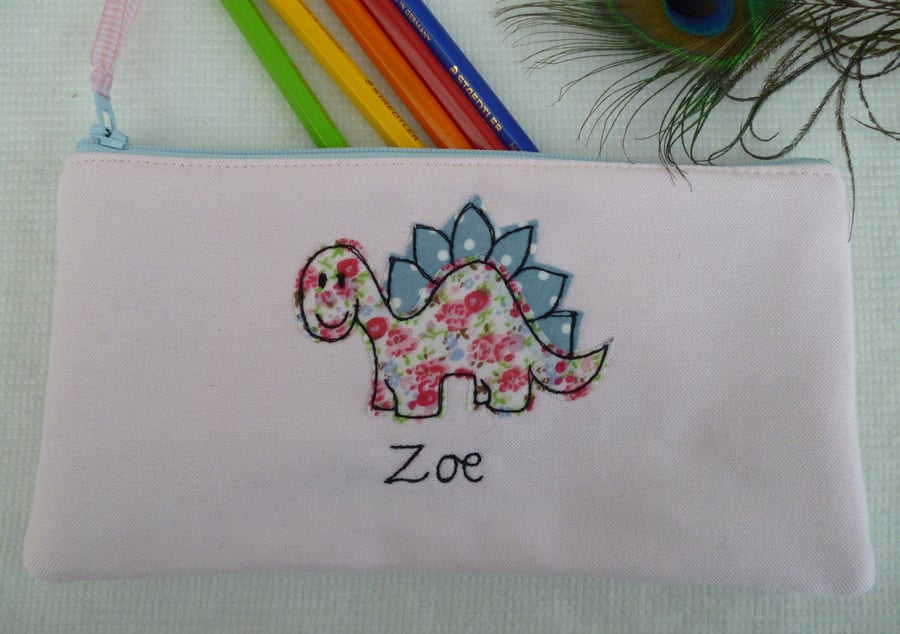 Personalised Dinosaur Pencil Case - Art Pen Pouch - free motion design