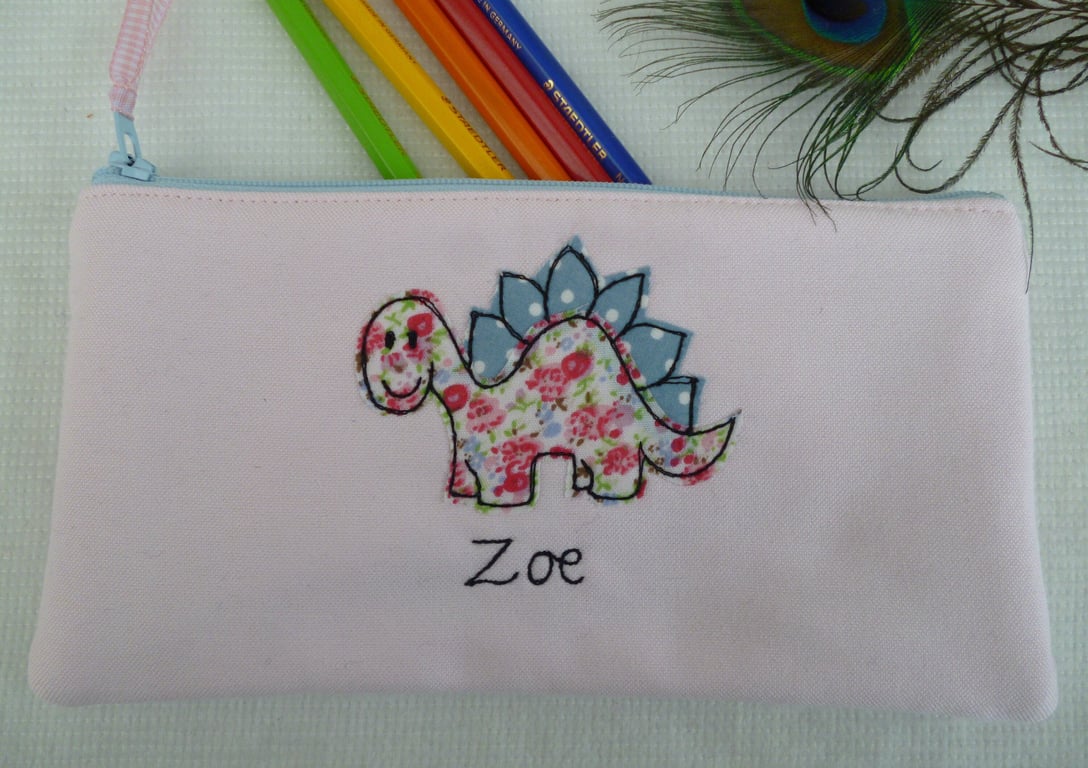Personalised Dinosaur Pencil Case - Art Pen Pouch - free motion design