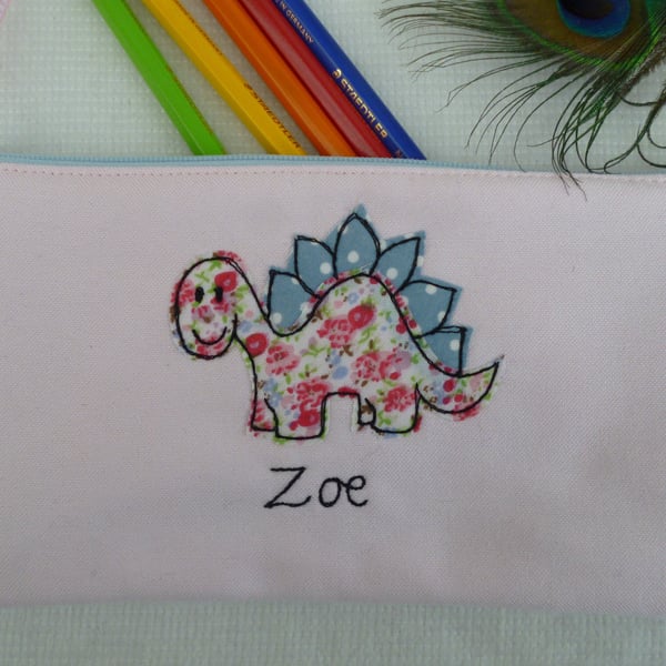 Personalised Dinosaur Pencil Case - Art Pen Pouch - free motion design