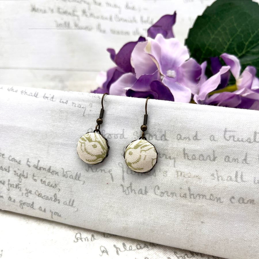 Pair of Rabbits fabric button earrings pale green William Morris antique bronze