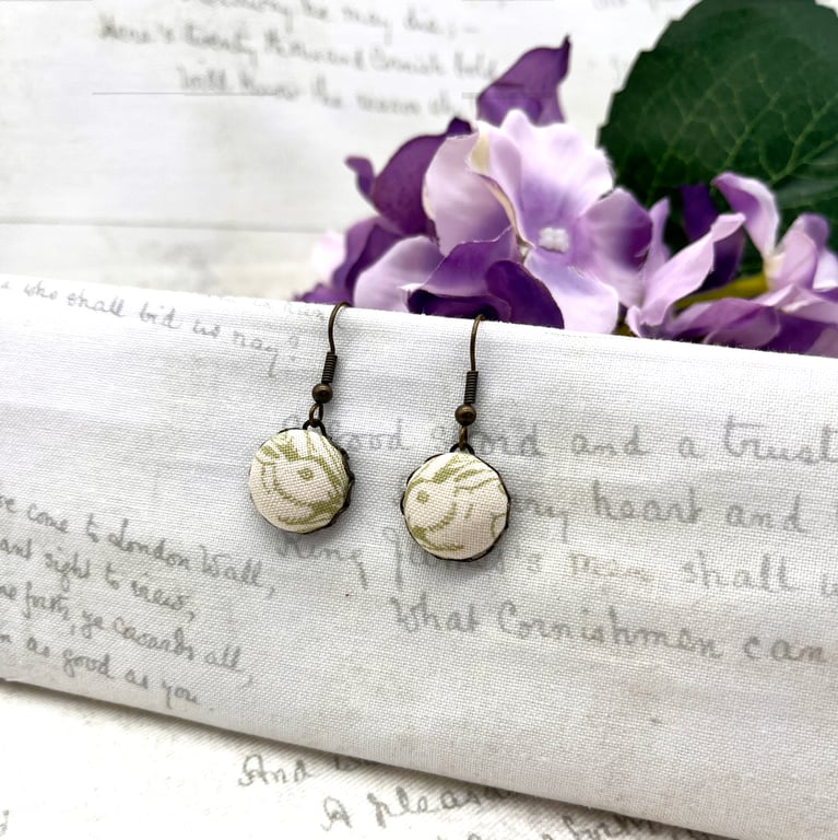 Pair of Rabbits fabric button earrings pale green William Morris antique bronze