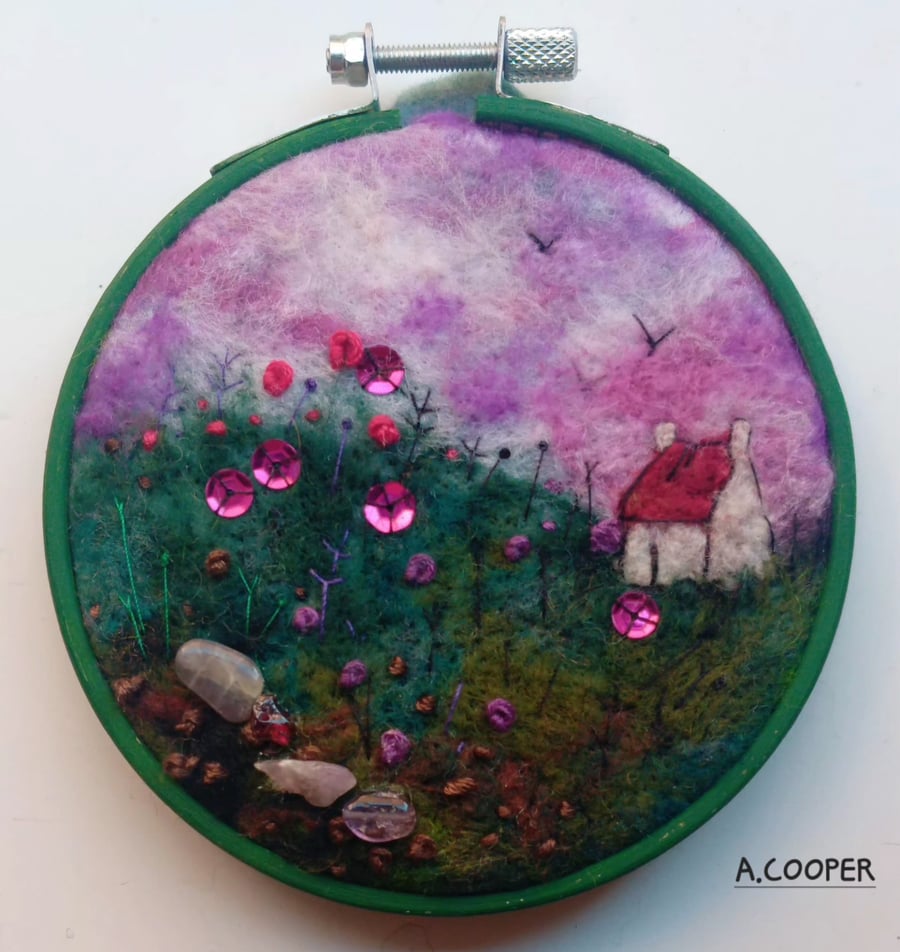 ,LITTLE BOTHY ON EMERALD HILL, handmade, original, needle felted wool picture 