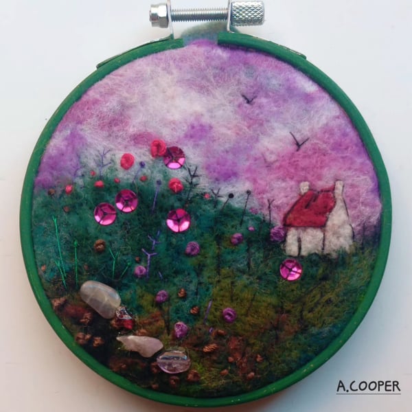 ,LITTLE BOTHY ON EMERALD HILL, handmade, original, needle felted wool picture 