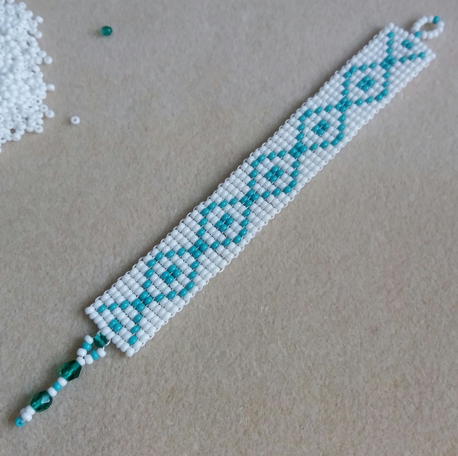 Square Stitch Bracelet - White and Teal